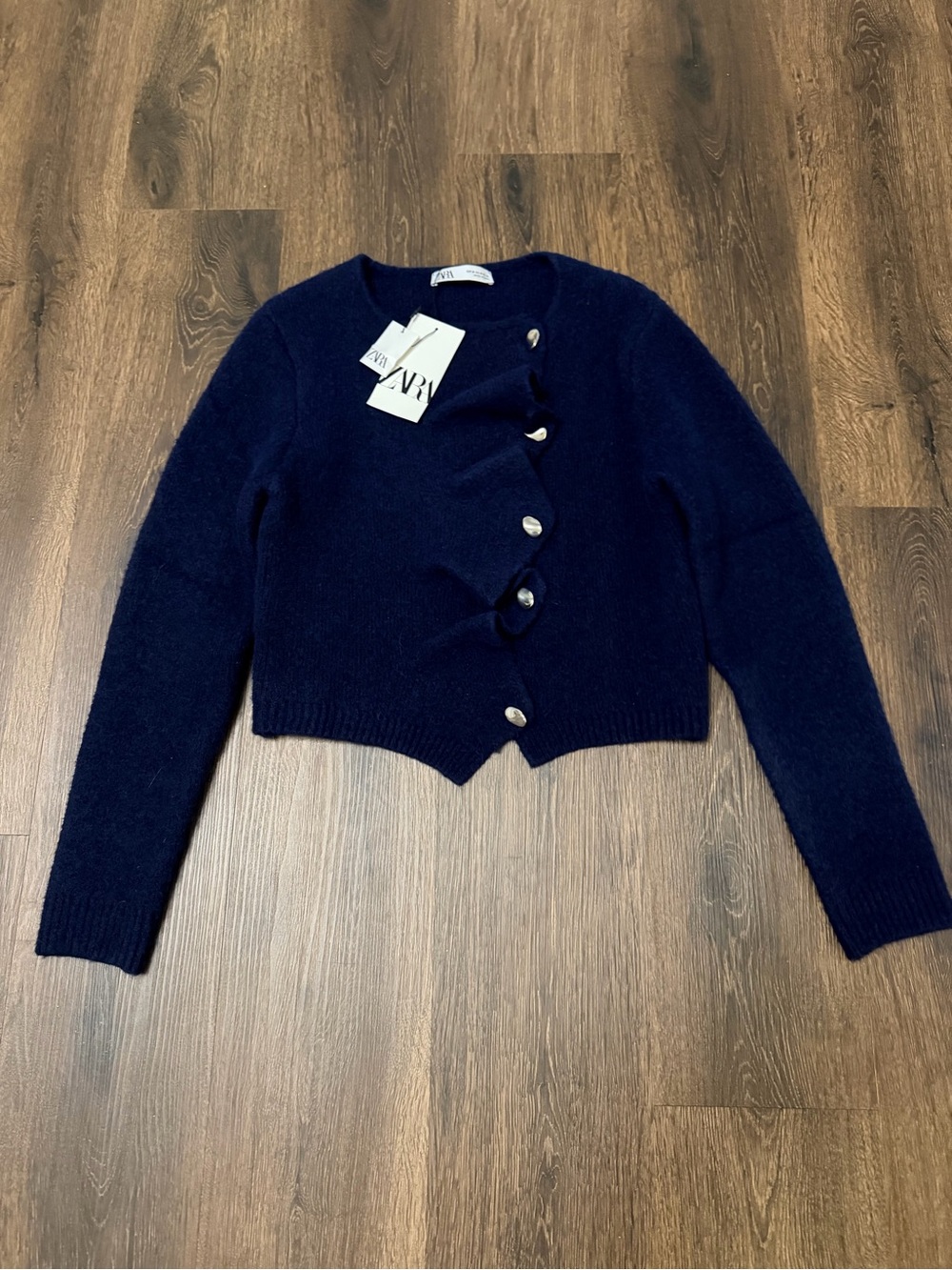 ZARA Navy Ruffle-Front Button Cardigan